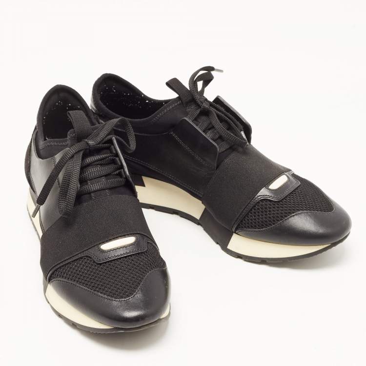 Pre Owned Balenciaga Black Leather and Mesh Race Runner Sneakers Size 38