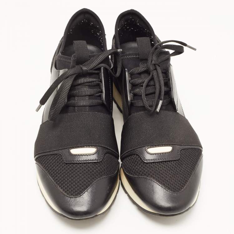 Pre Owned Balenciaga Black Leather and Mesh Race Runner Sneakers Size 38