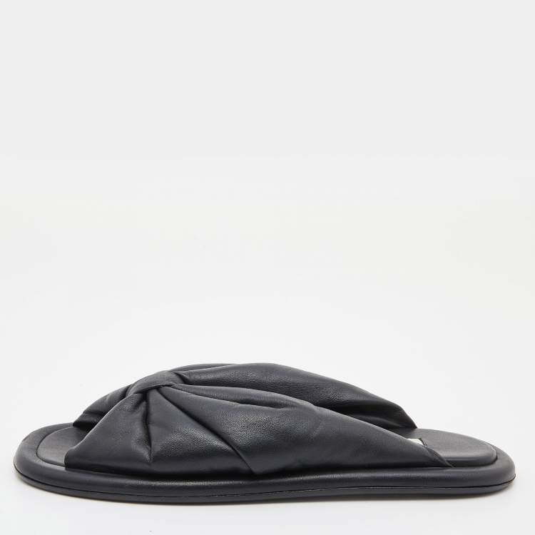 Pre Owned Balenciaga Black Leather Drapy Flats Slides Size 37