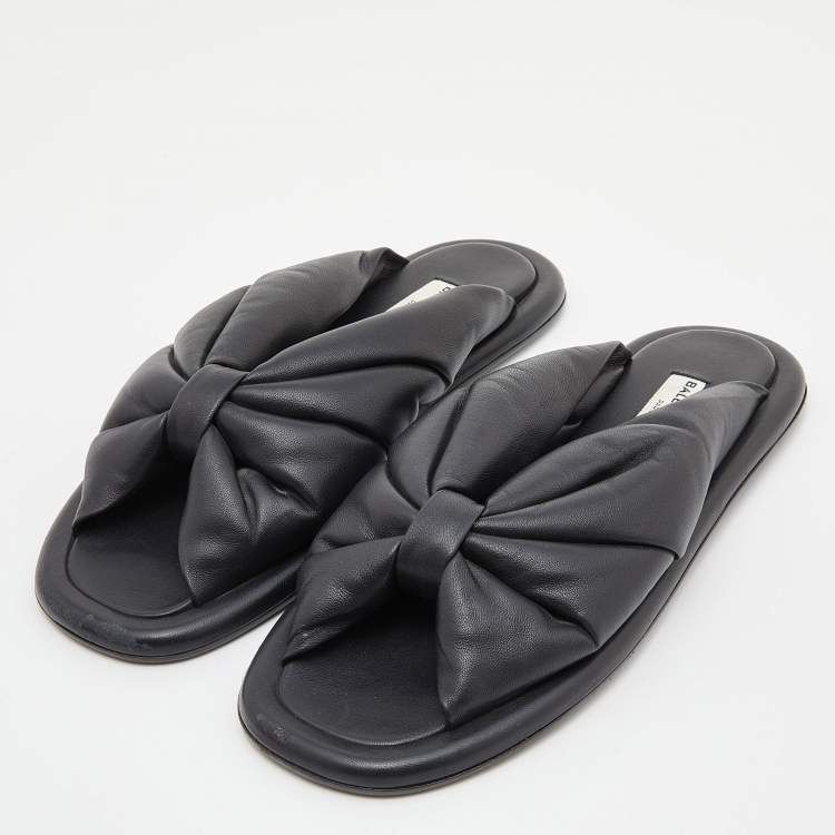 Pre Owned Balenciaga Black Leather Drapy Flats Slides Size 37