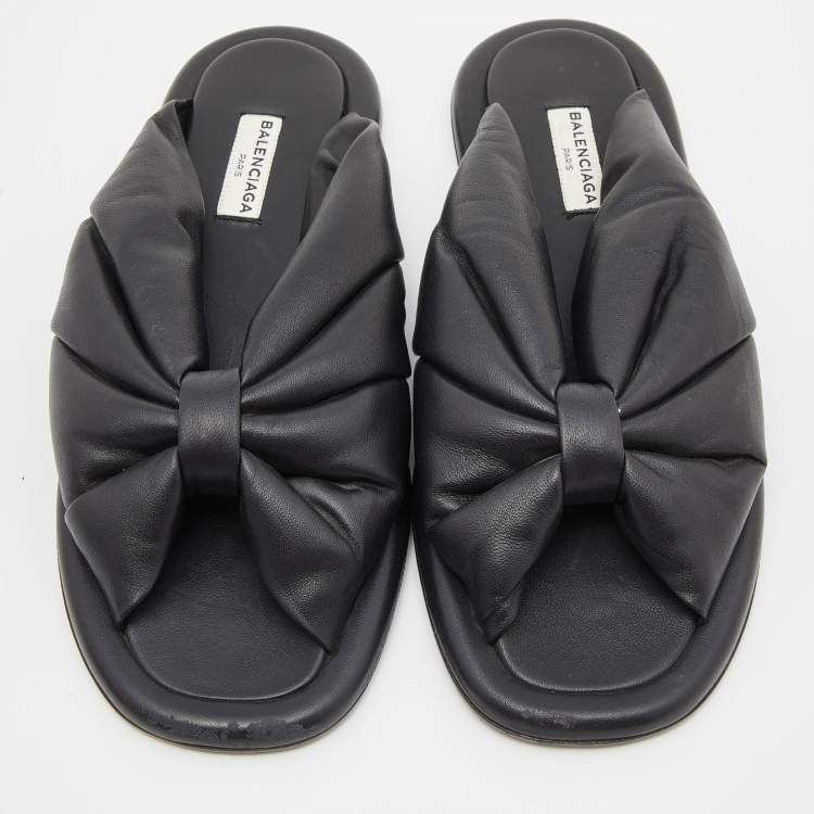 Pre Owned Balenciaga Black Leather Drapy Flats Slides Size 37