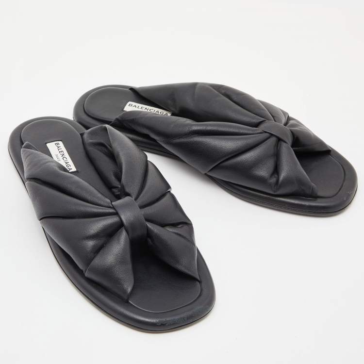 Pre Owned Balenciaga Black Leather Drapy Flats Slides Size 37