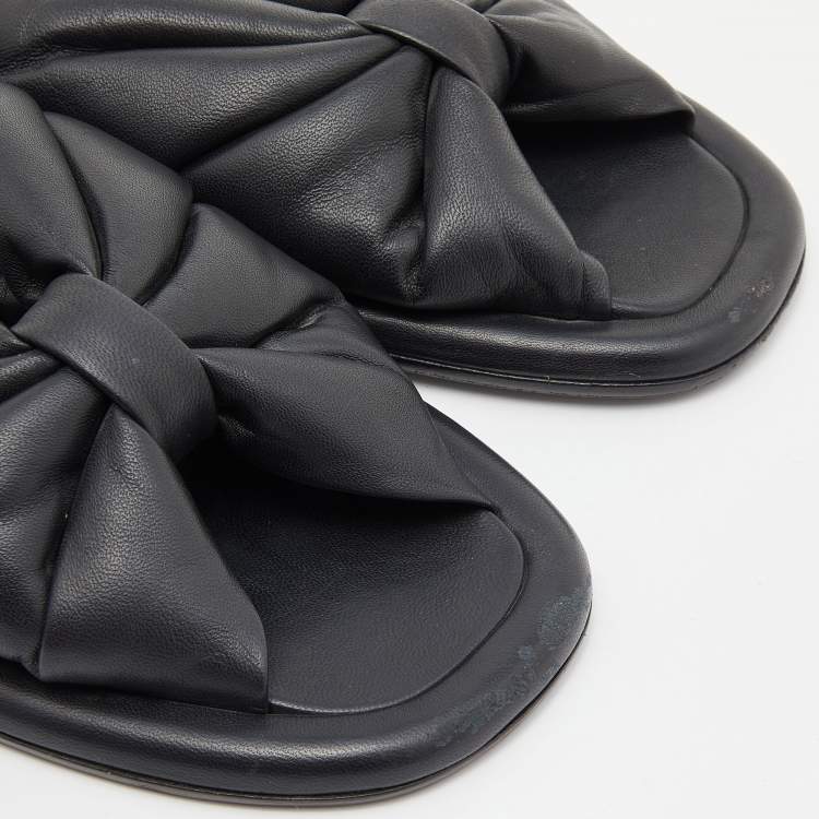 Pre Owned Balenciaga Black Leather Drapy Flats Slides Size 37