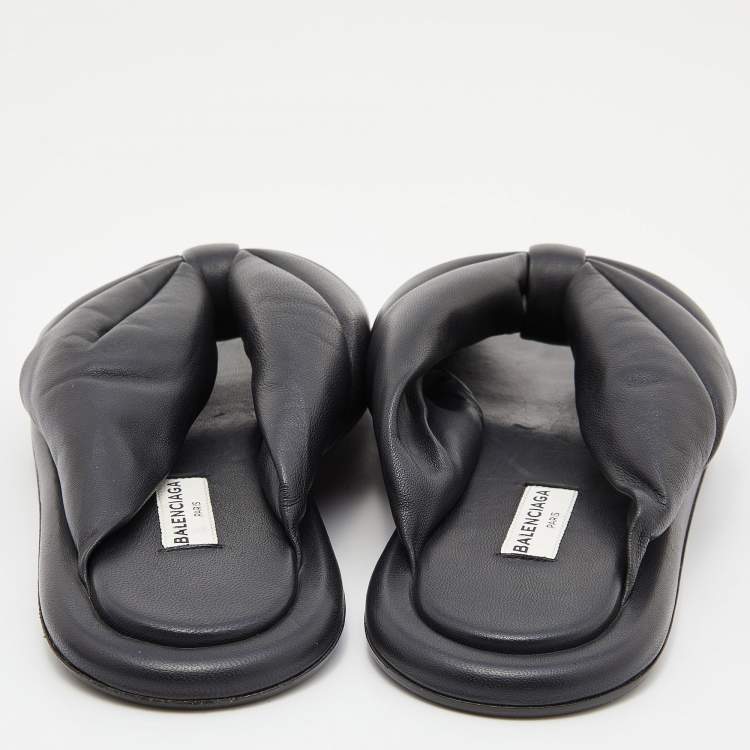 Pre Owned Balenciaga Black Leather Drapy Flats Slides Size 37