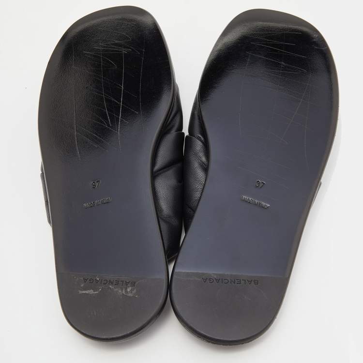 Pre Owned Balenciaga Black Leather Drapy Flats Slides Size 37