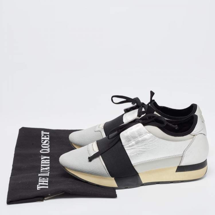 Pre Owned Balenciaga Grey/Silver Leather and Knit Fabric Race Runner Sneakers Size 38