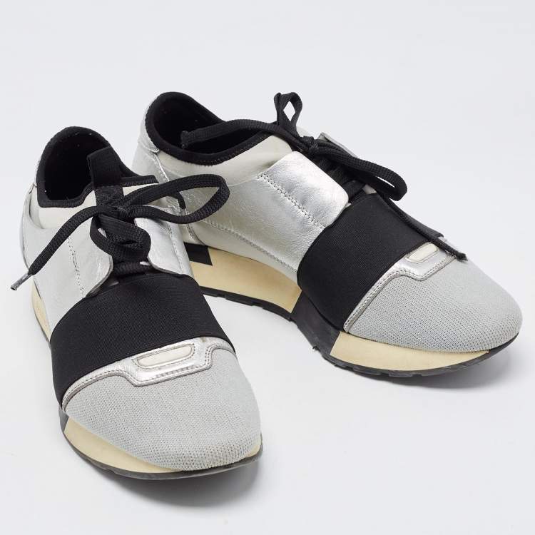 Pre Owned Balenciaga Grey/Silver Leather and Knit Fabric Race Runner Sneakers Size 38