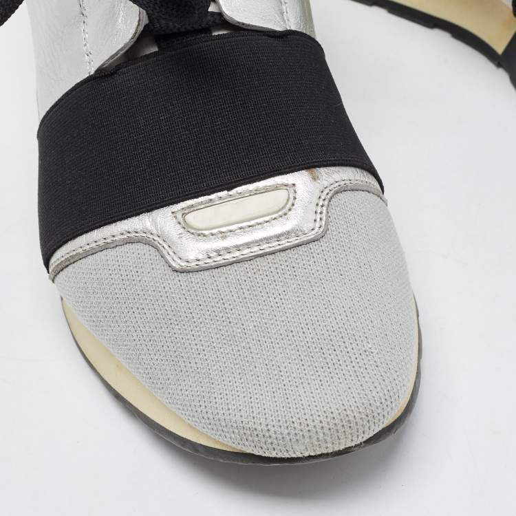 Pre Owned Balenciaga Grey/Silver Leather and Knit Fabric Race Runner Sneakers Size 38
