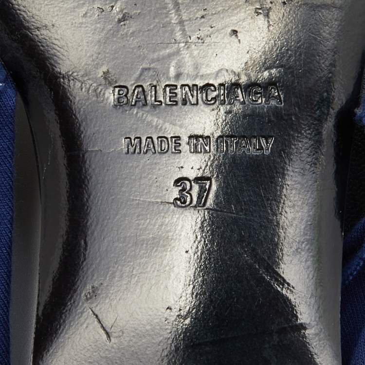 Pre Owned Balenciaga Blue Print Fabric Knife Pointed Toe Slingback Flat Sandals Size 37