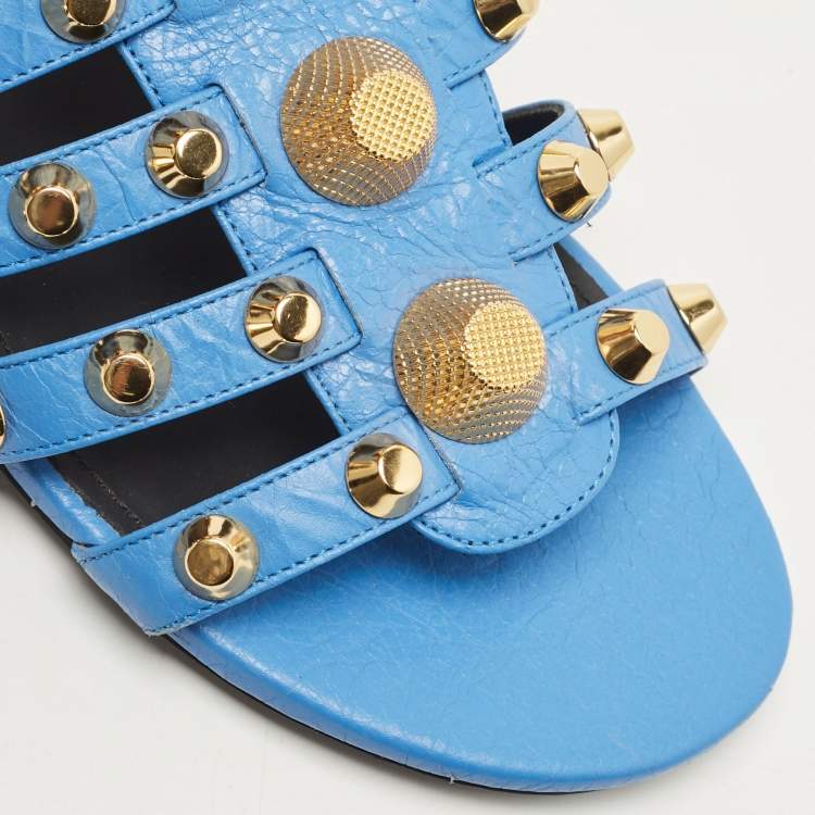 Pre Owned Balenciaga Blue Leather Studded Arena Flat Slides Size 38