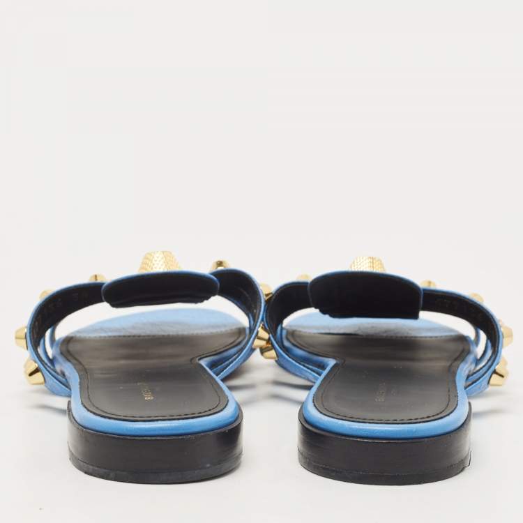 Pre Owned Balenciaga Blue Leather Studded Arena Flat Slides Size 38