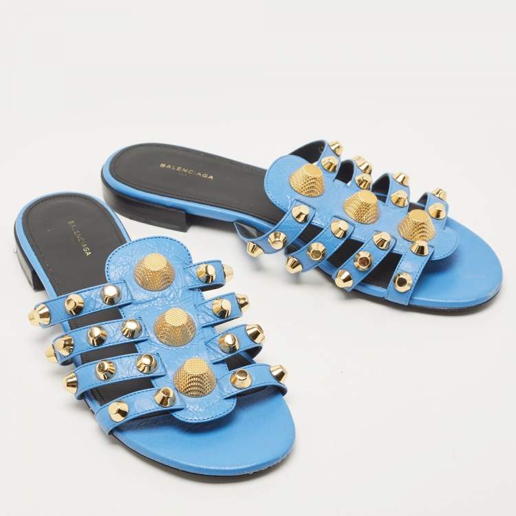 Pre Owned Balenciaga Blue Leather Studded Arena Flat Slides Size 38