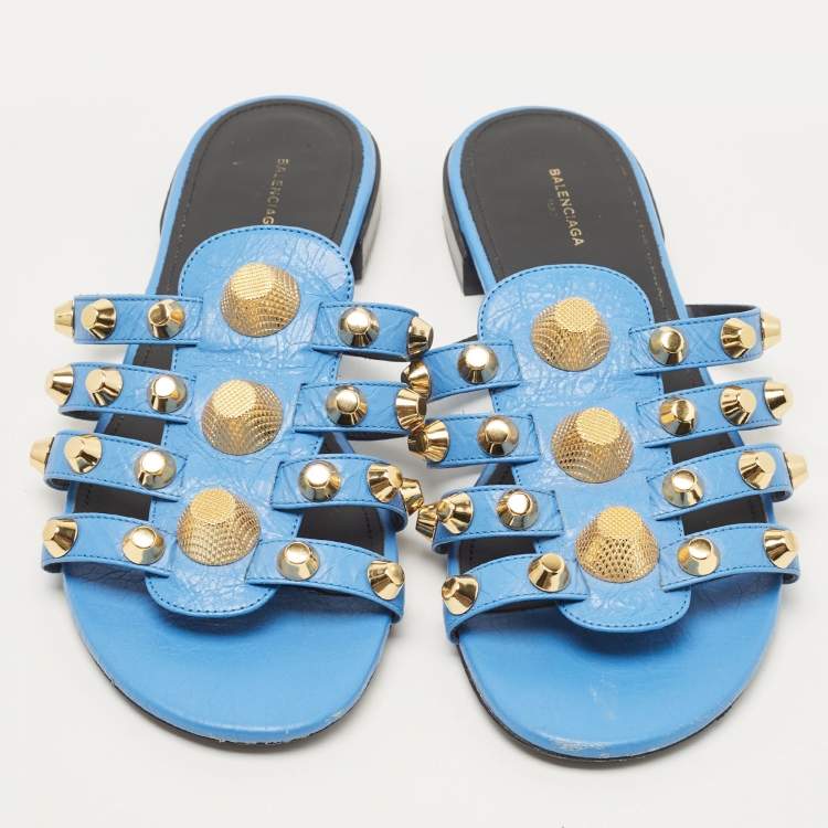 Pre Owned Balenciaga Blue Leather Studded Arena Flat Slides Size 38