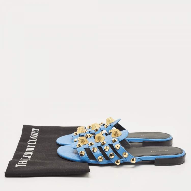 Pre Owned Balenciaga Blue Leather Studded Arena Flat Slides Size 38