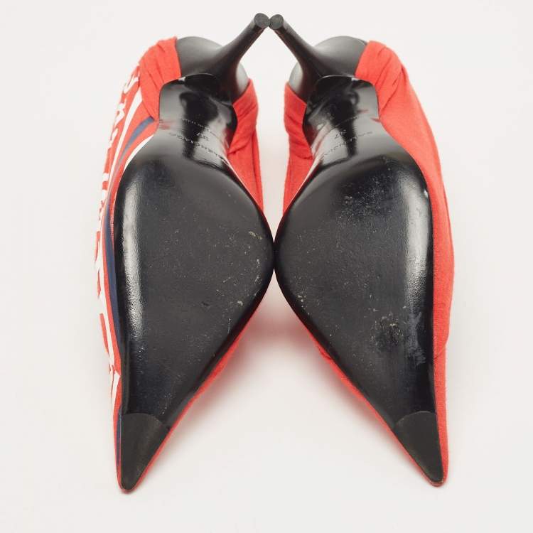 Pre Owned Balenciaga Red/Black Fabric and Leather Logo Knife Pumps Size 37