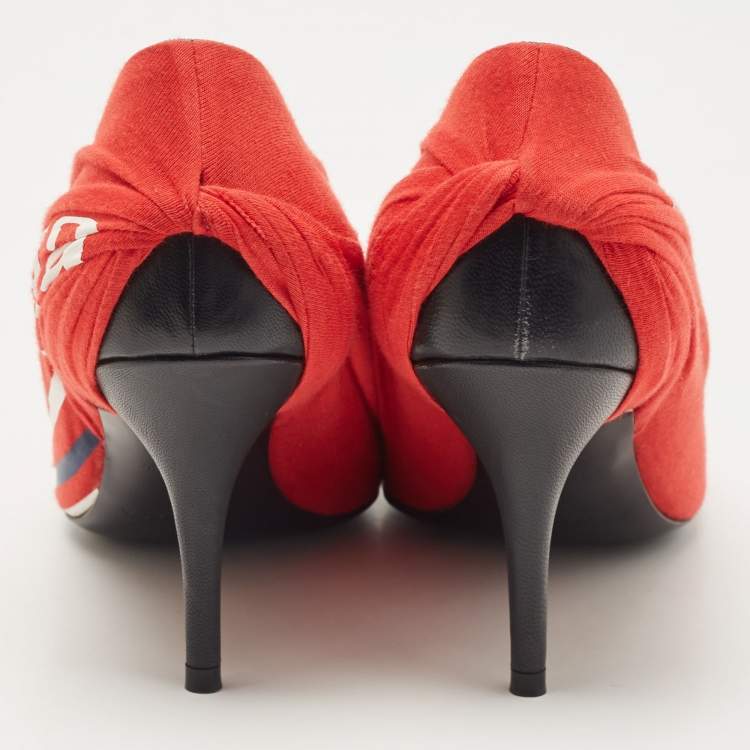 Pre Owned Balenciaga Red/Black Fabric and Leather Logo Knife Pumps Size 37