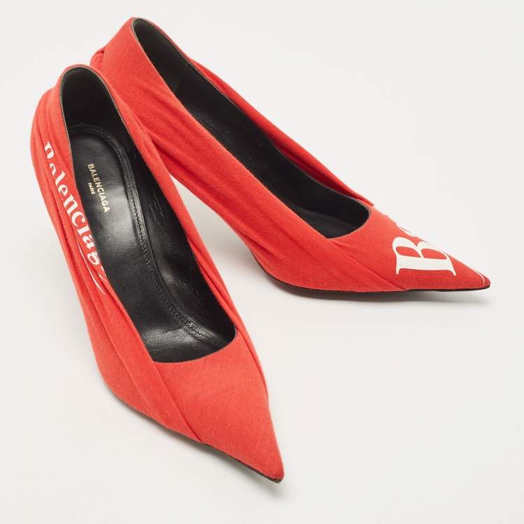 Pre Owned Balenciaga Red/Black Fabric and Leather Logo Knife Pumps Size 37