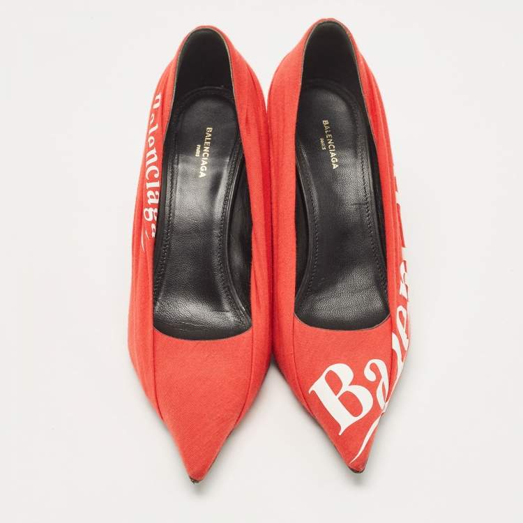 Pre Owned Balenciaga Red/Black Fabric and Leather Logo Knife Pumps Size 37