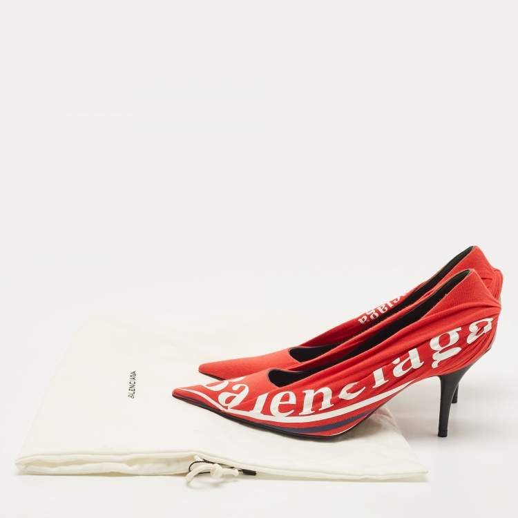 Pre Owned Balenciaga Red/Black Fabric and Leather Logo Knife Pumps Size 37