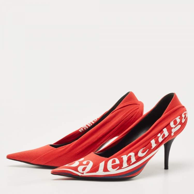 Pre Owned Balenciaga Red/Black Fabric and Leather Logo Knife Pumps Size 37