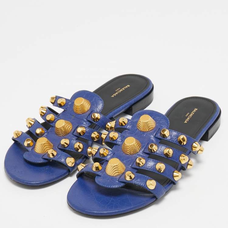 Pre Owned Balenciaga Purple Leather Arena Studded Flat Slides Size 39.5
