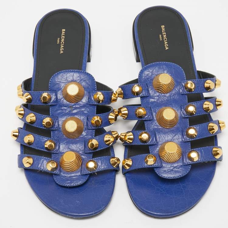 Pre Owned Balenciaga Purple Leather Arena Studded Flat Slides Size 39.5