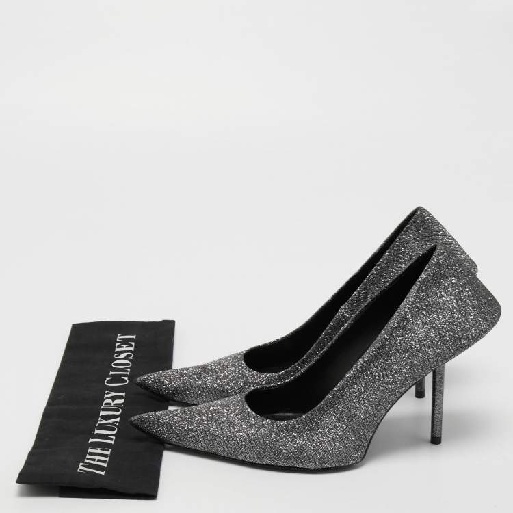 مملوكة مسبقًا Balenciaga Silver/Black Lurex Fabric Square Knife Pumps Size 38
