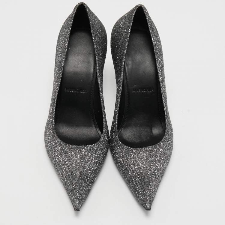 مملوكة مسبقًا Balenciaga Silver/Black Lurex Fabric Square Knife Pumps Size 38