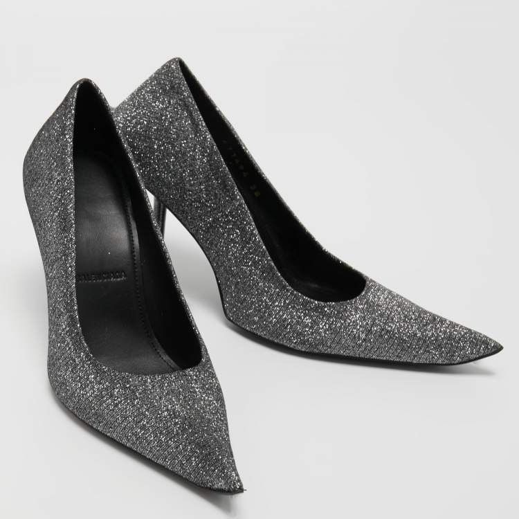 مملوكة مسبقًا Balenciaga Silver/Black Lurex Fabric Square Knife Pumps Size 38