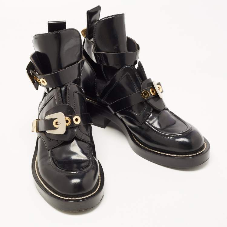 Pre Owned Balenciaga Black Leather Ceinture Buckle Detail Ankle Boots Size 38.5