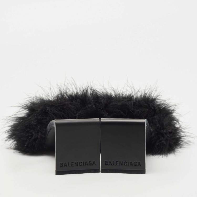 Pre Owned Balenciaga Black Fur Slide Flats Size 38 