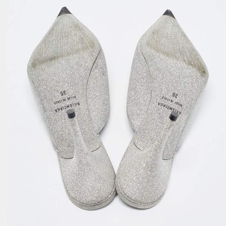 Pre Owned Balenciaga Silver Glitter Knife  Mules Size 39 