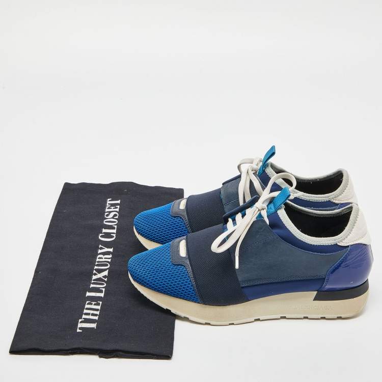 Pre Owned Balenciaga Blue/White Patent,Mesh and Leather Race Runner Sneakers Size 36