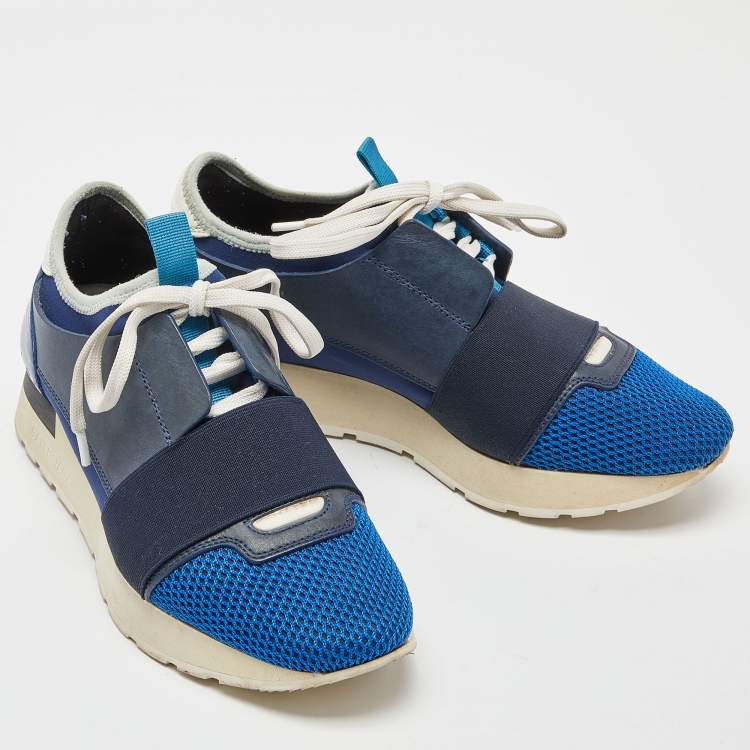 Pre Owned Balenciaga Blue/White Patent,Mesh and Leather Race Runner Sneakers Size 36