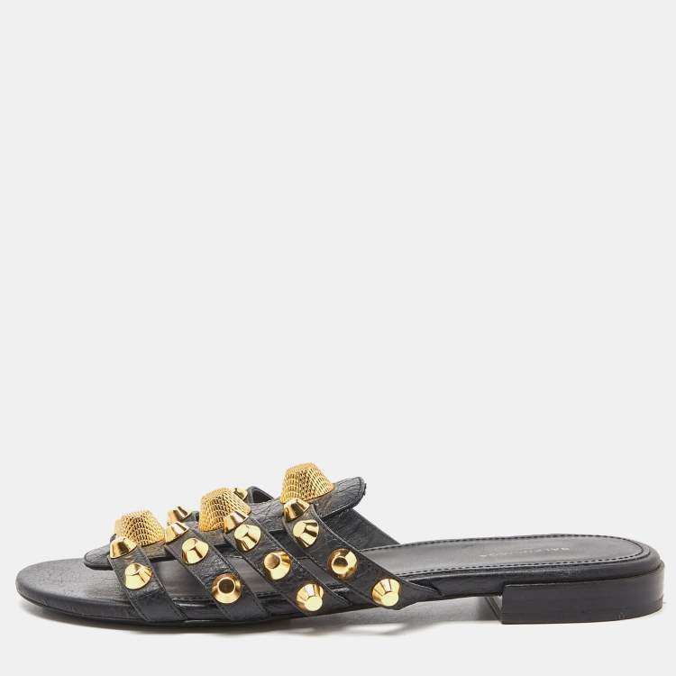 Pre Owned Balenciaga Black Leather Arena Studded Flat Slides Size 37