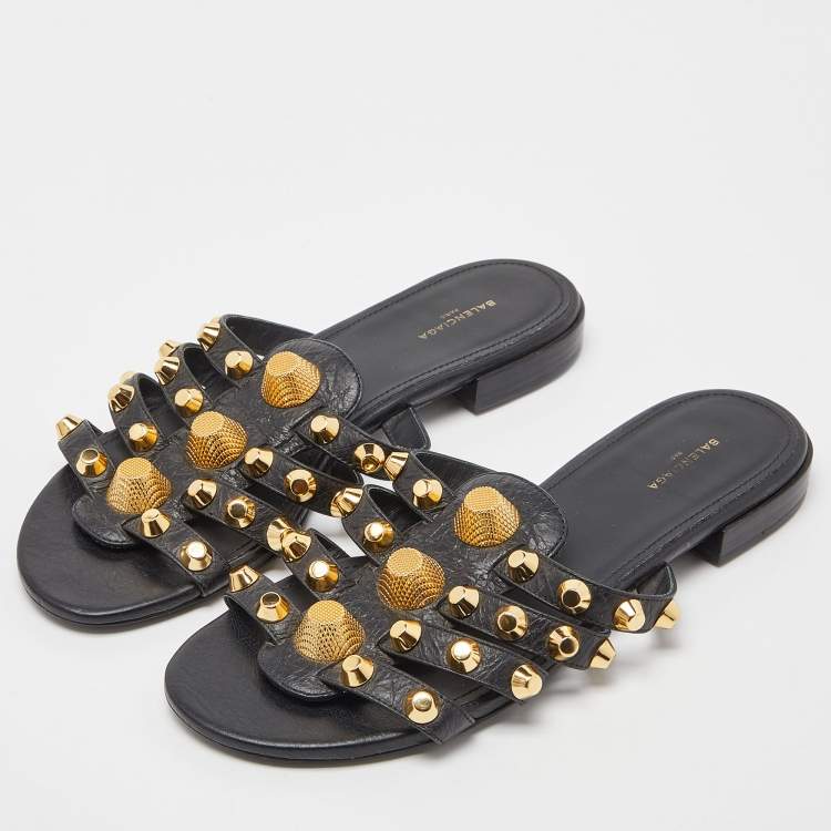Pre Owned Balenciaga Black Leather Arena Studded Flat Slides Size 37