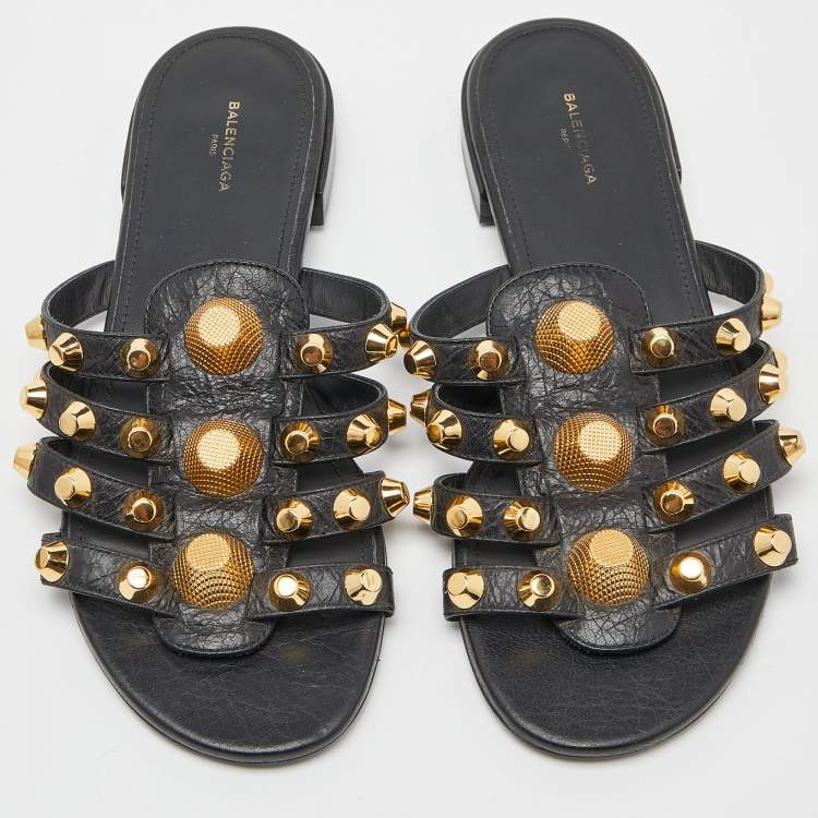 Pre Owned Balenciaga Black Leather Arena Studded Flat Slides Size 37