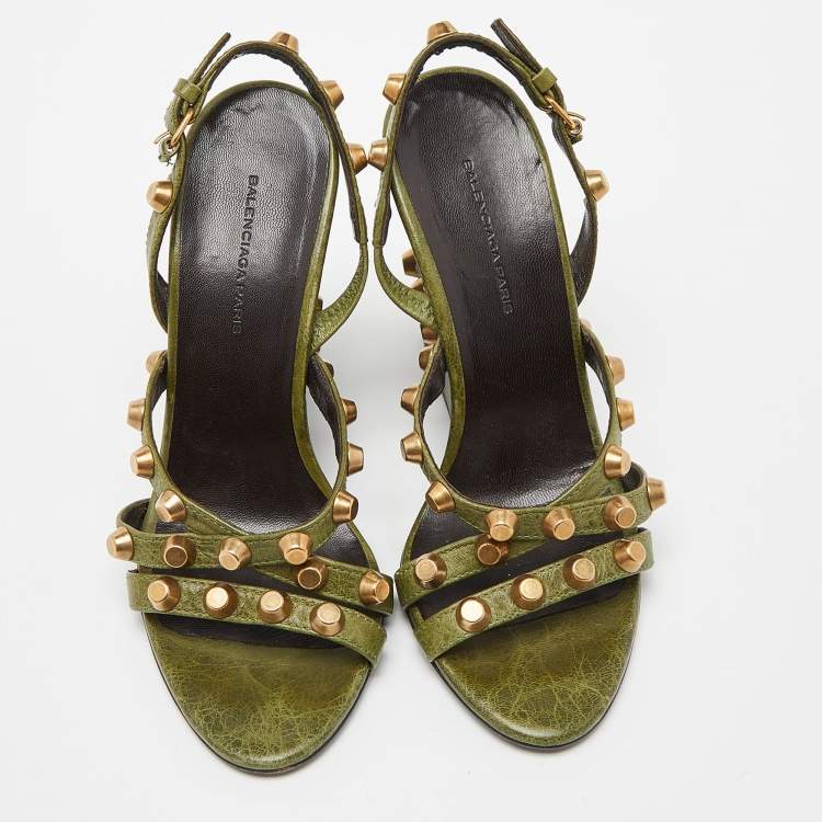 Pre Owned Balenciaga Green Leather Arena Studded Wedge Sandals Size 36.5
