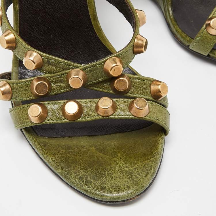 Pre Owned Balenciaga Green Leather Arena Studded Wedge Sandals Size 36.5