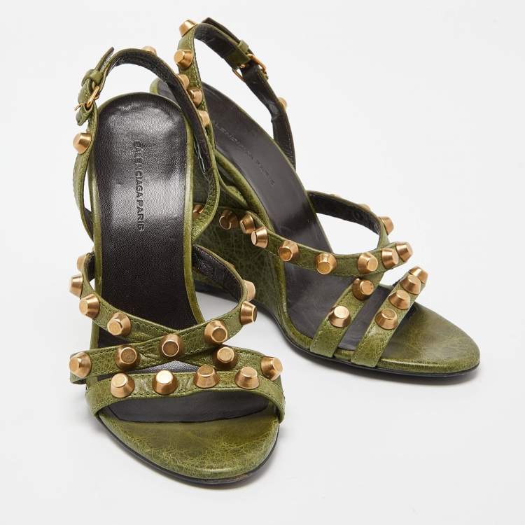 Pre Owned Balenciaga Green Leather Arena Studded Wedge Sandals Size 36.5