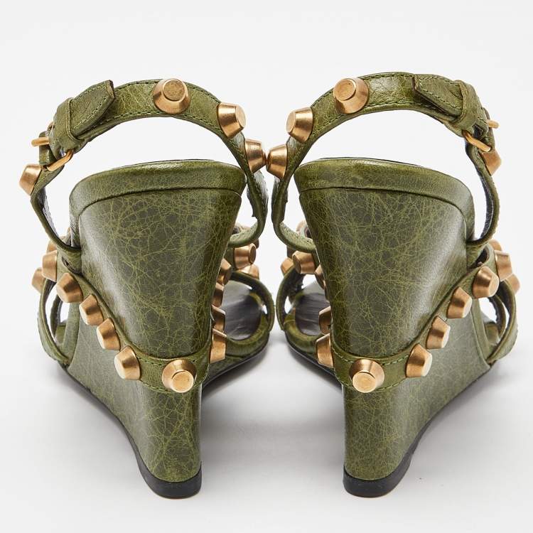 Pre Owned Balenciaga Green Leather Arena Studded Wedge Sandals Size 36.5