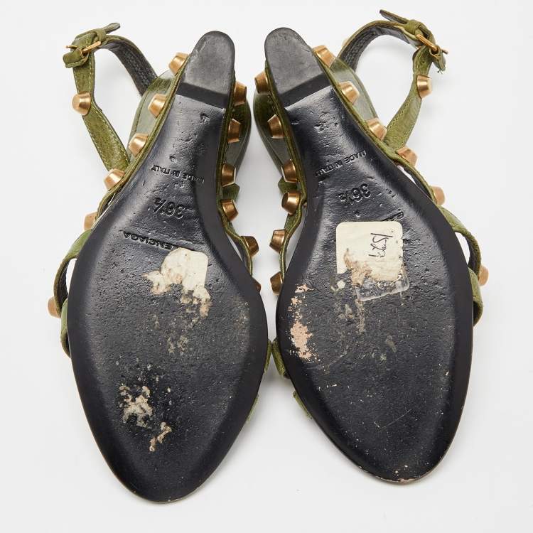 Pre Owned Balenciaga Green Leather Arena Studded Wedge Sandals Size 36.5