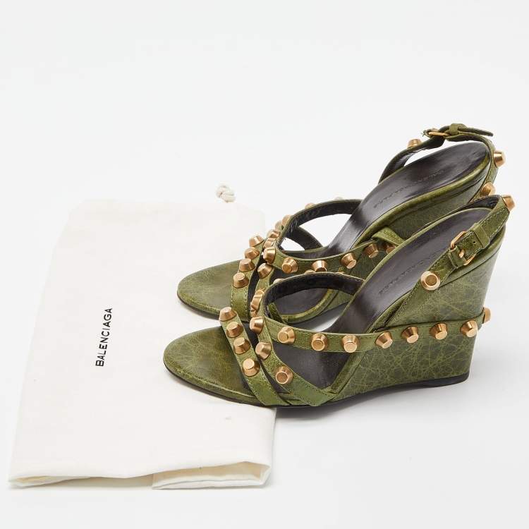 Pre Owned Balenciaga Green Leather Arena Studded Wedge Sandals Size 36.5