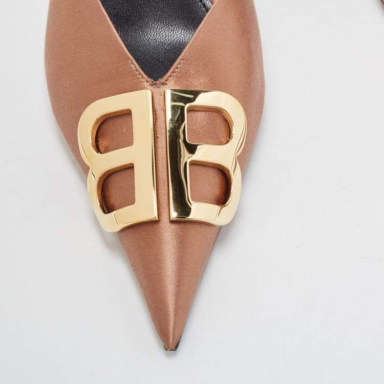 Pre Owned Balenciaga Brown Satin BB Knife Mules Size 39