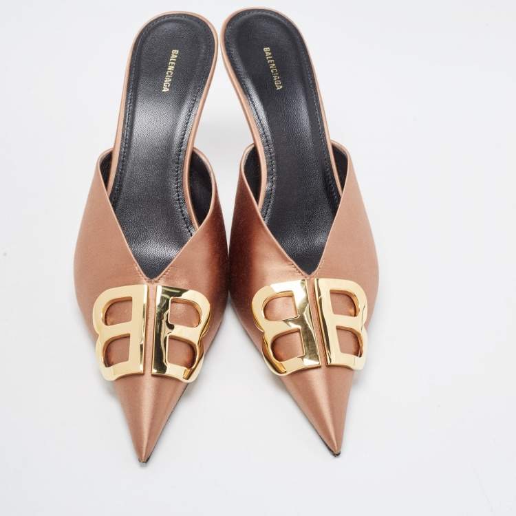 Pre Owned Balenciaga Brown Satin BB Knife Mules Size 39