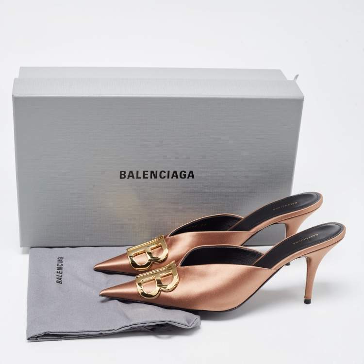 Pre Owned Balenciaga Brown Satin BB Knife Mules Size 39