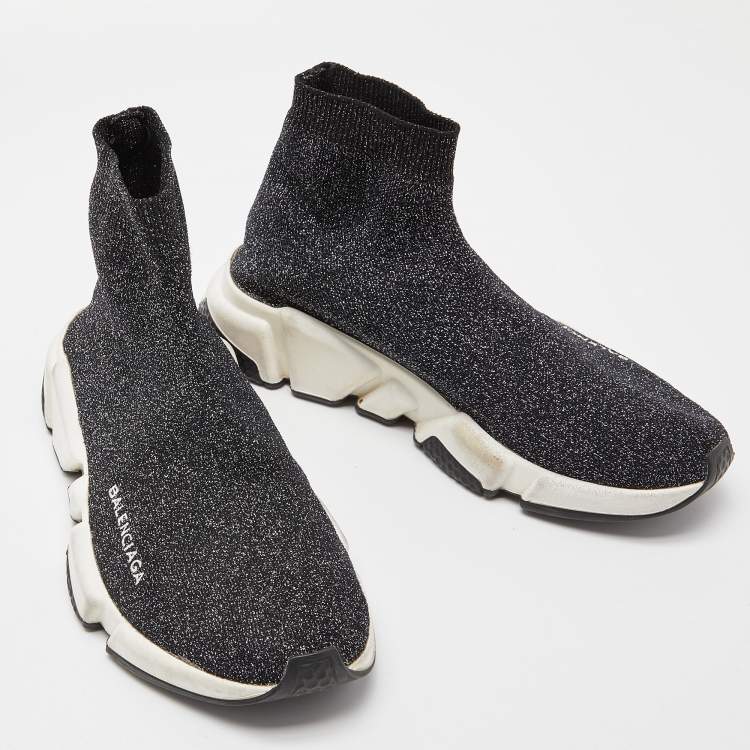 Pre Owned Balenciaga Shimmery Black Knit Fabric Speed Trainer Sneakers Size 38