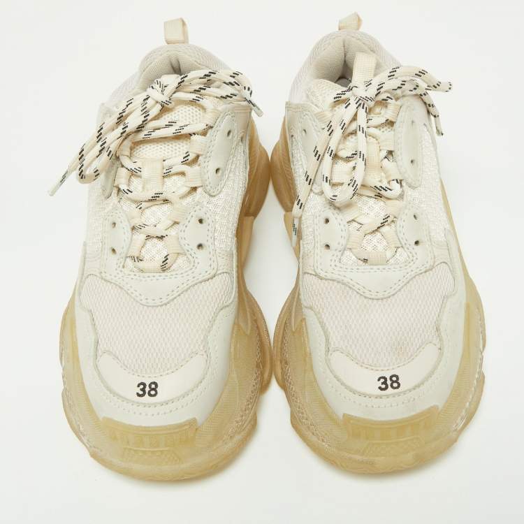 Pre Owned Balenciaga Two Tone Leather and Mesh Triple S Clear Sneakers Size 38