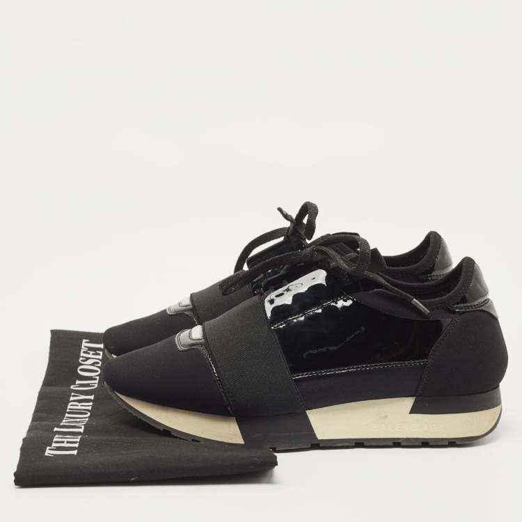 Pre Owned Balenciaga Black Patent Leather and Fabric Race Runner Sneakers Size 36