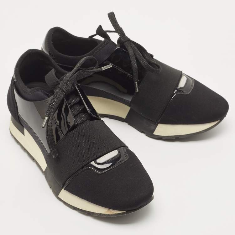 Pre Owned Balenciaga Black Patent Leather and Fabric Race Runner Sneakers Size 36